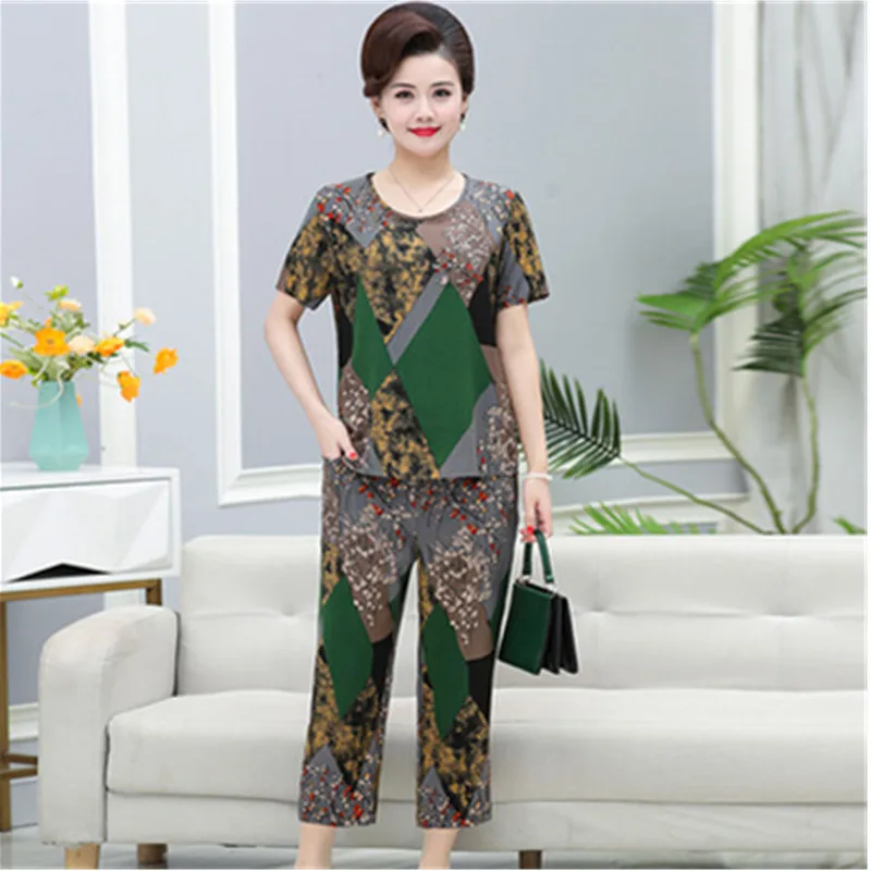 UHYTGF Mom Summer Two Piece Set Womens Tracksuit Print Cotton Silk Home Clothes Short-Sleeved Top Thin Suit Female Outifits 2446