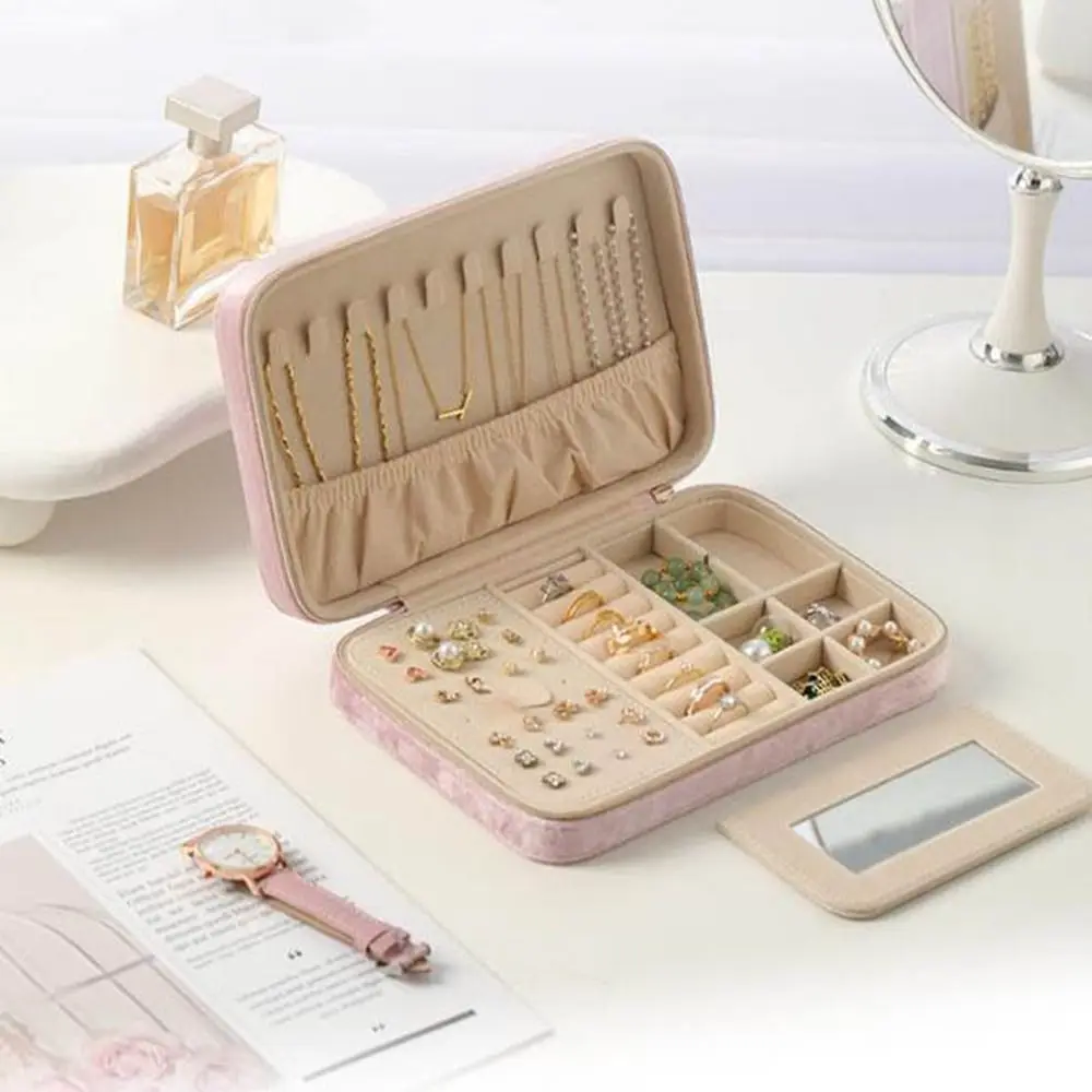 Zipper Velvet Jewelry Box Dustproof with Two Removable Dividers Jewelry Display Box Large Capacity Jewelry Storage Case Necklace