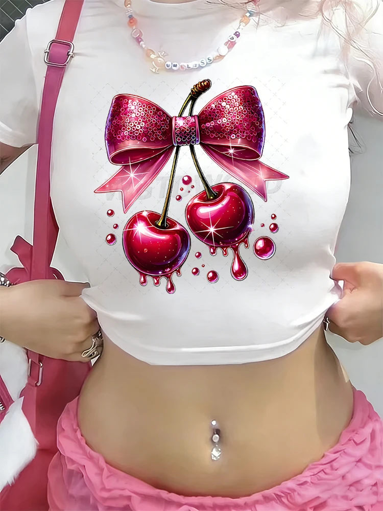 

Y2K Cherry and Bow Print Crop Top, Casual 100% Cotton Women's Clothing, Coquette Bow Cherry Lover Gifts Tees, Sexy Short T-shirt