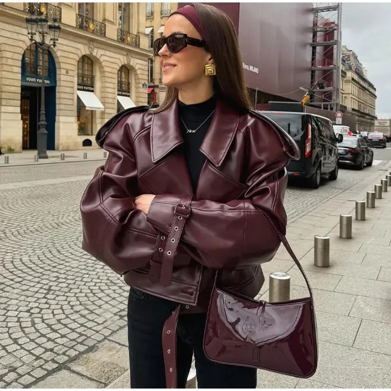 

Europe and America 2025 autumn women's leather jacket personalized street PU lapel adjustable cuffs retro motorcycle jacket