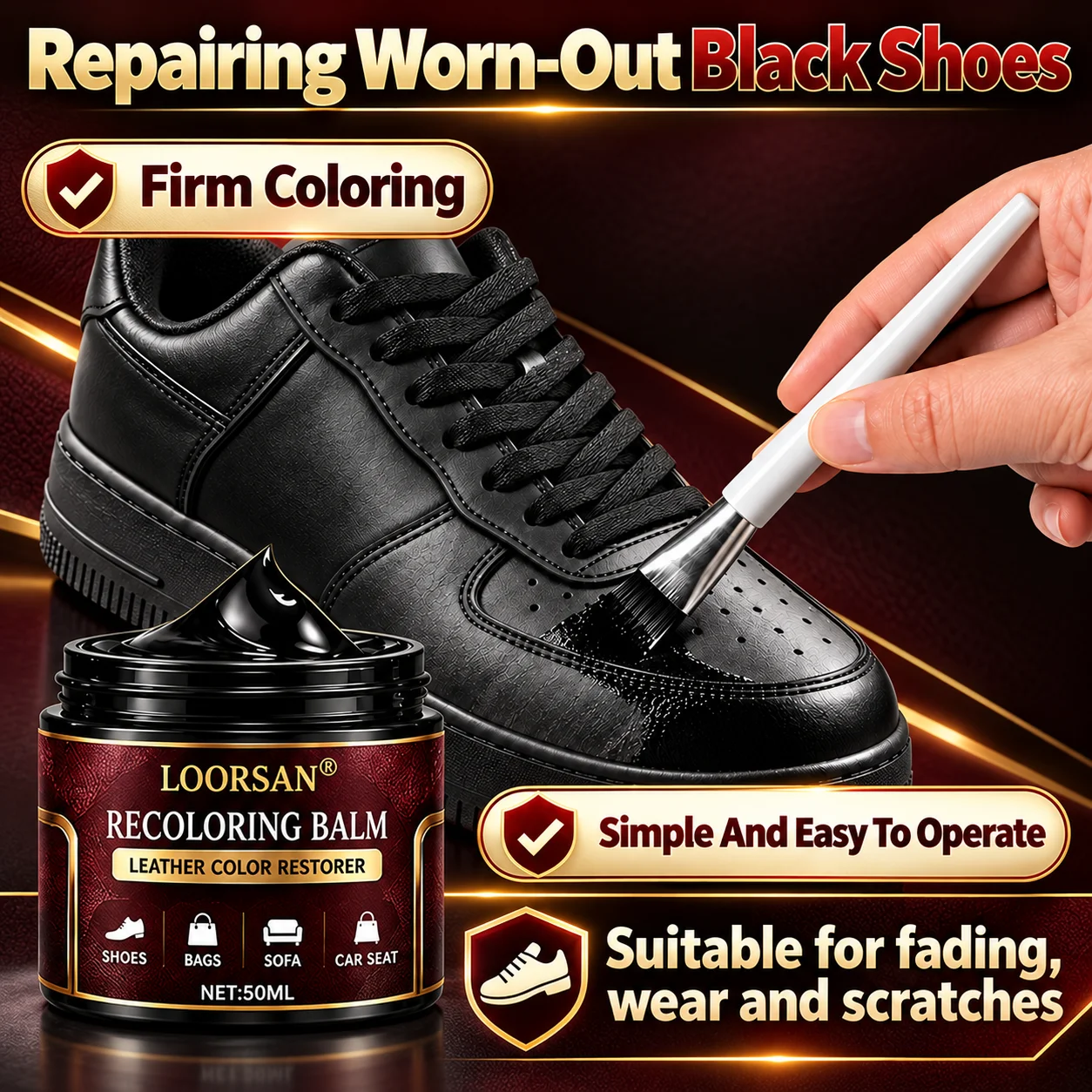 LOORSAN 50ml Black Leather Refinishing Paste, Leather Touch Up Cream for Shoe Edges, Handbags, Couch, Auto Leather Surfaces