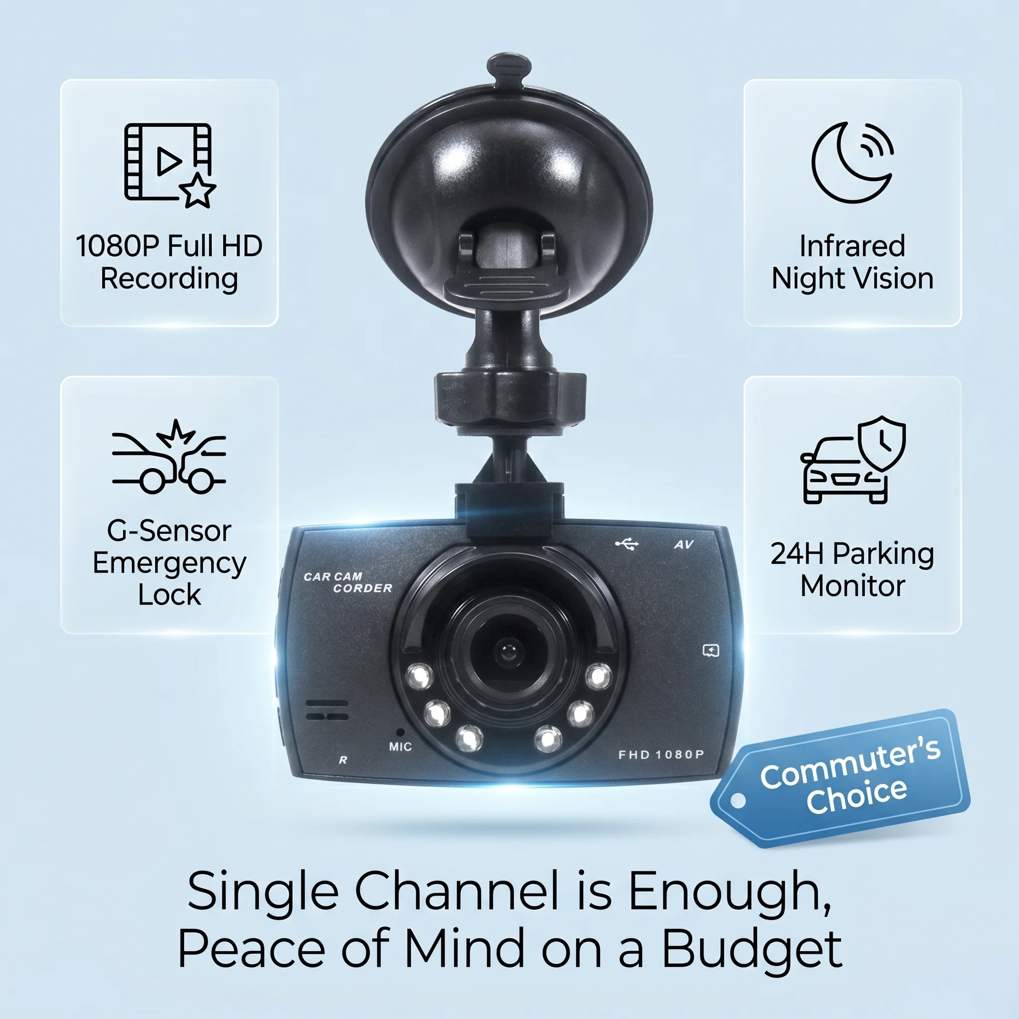 This Affordable Single-Lens Dashcam Supports 1080p Infrared Night Vision, Vibration Detection, and 24/7 Parking Monitoring.