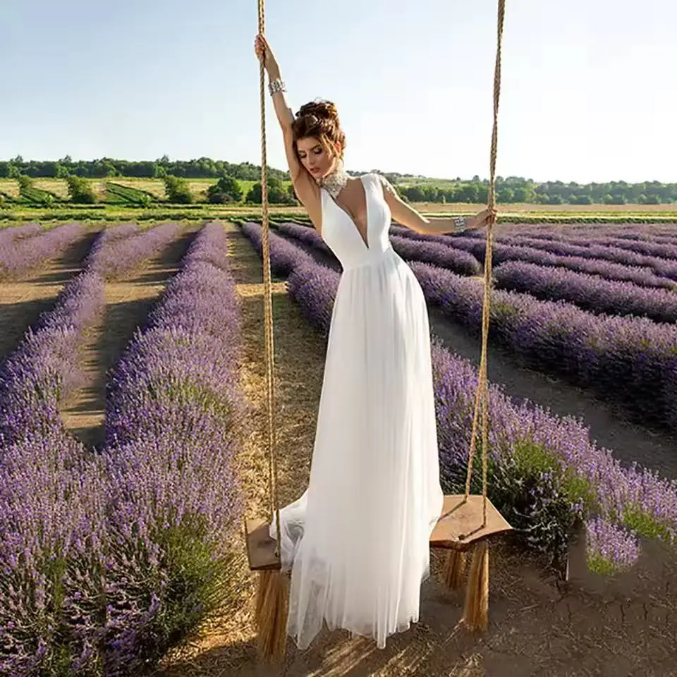 

2026 Boho Wedding Dresses For Women Sexy V Neck Backless A-Line Bridal Gown Tulle Bride Gown Bohemian Brides Dresses Customized