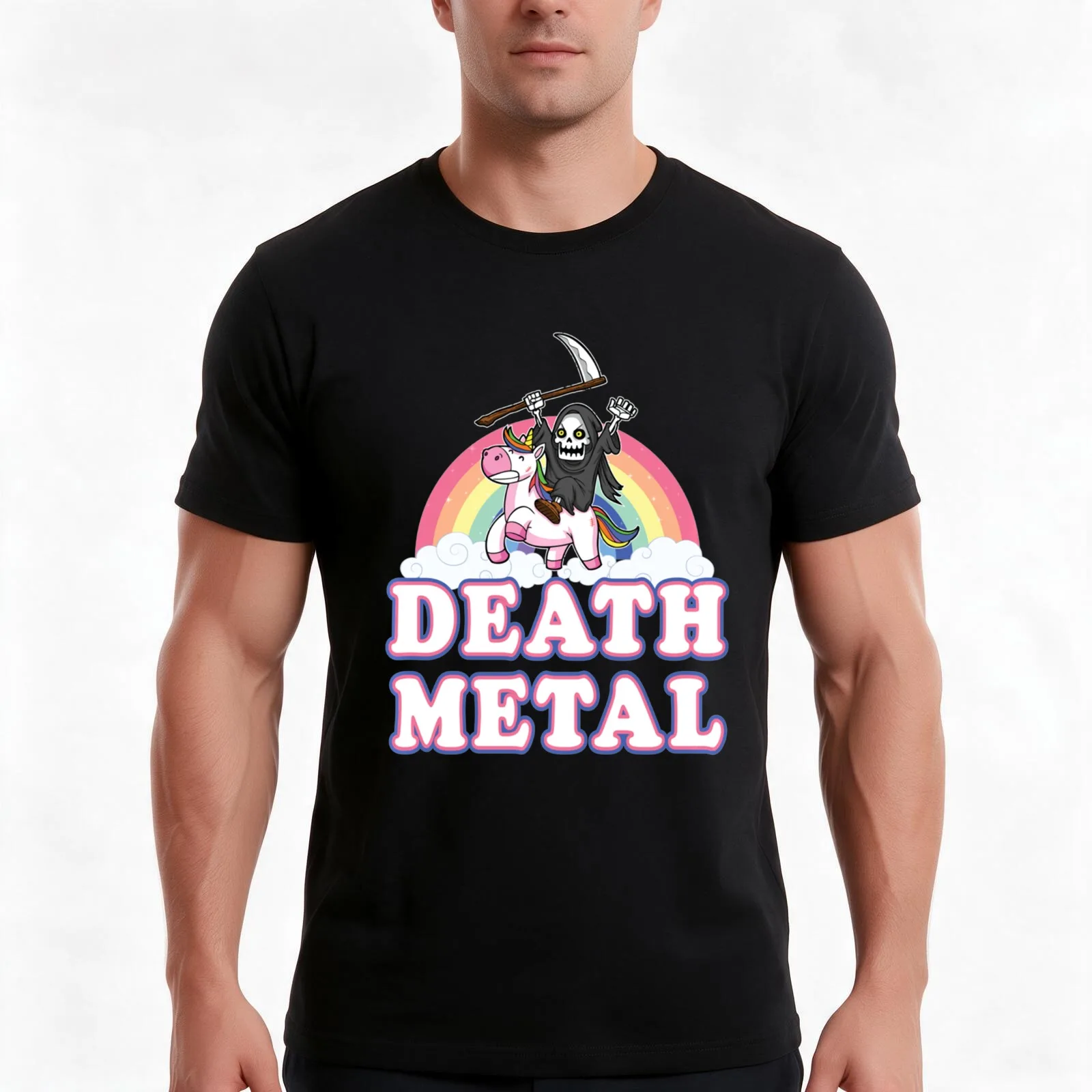 Death Metal Rainbow Funny Grim Reaper Unicorn T-Shirt, Summer Casual Cotton Tee, Oversized Streetwear Tops, Unisex Men Women