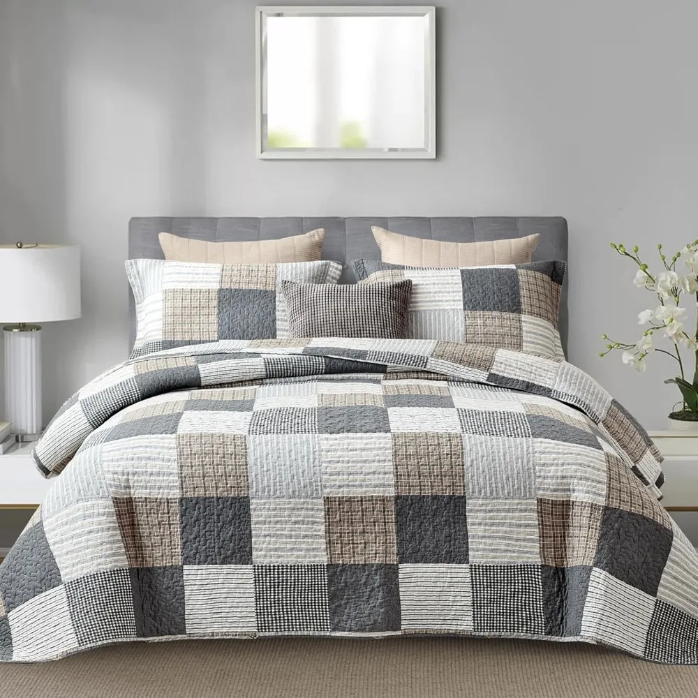 

Quilted Extra Large -100% Pure Cotton Grid Extra Large Quilt, Farmhouse and Rural Quilted Bedding Set, 3 Pieces