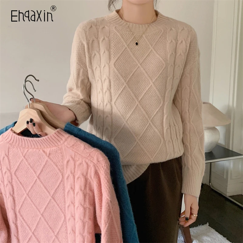 EHQAXIN Sweter Wanita Baru 2022 Sweter Rajutan Hangat Longgar Leher Bulat Retro Tebal Korea Fashion Musim Dingin Satu Ukuran