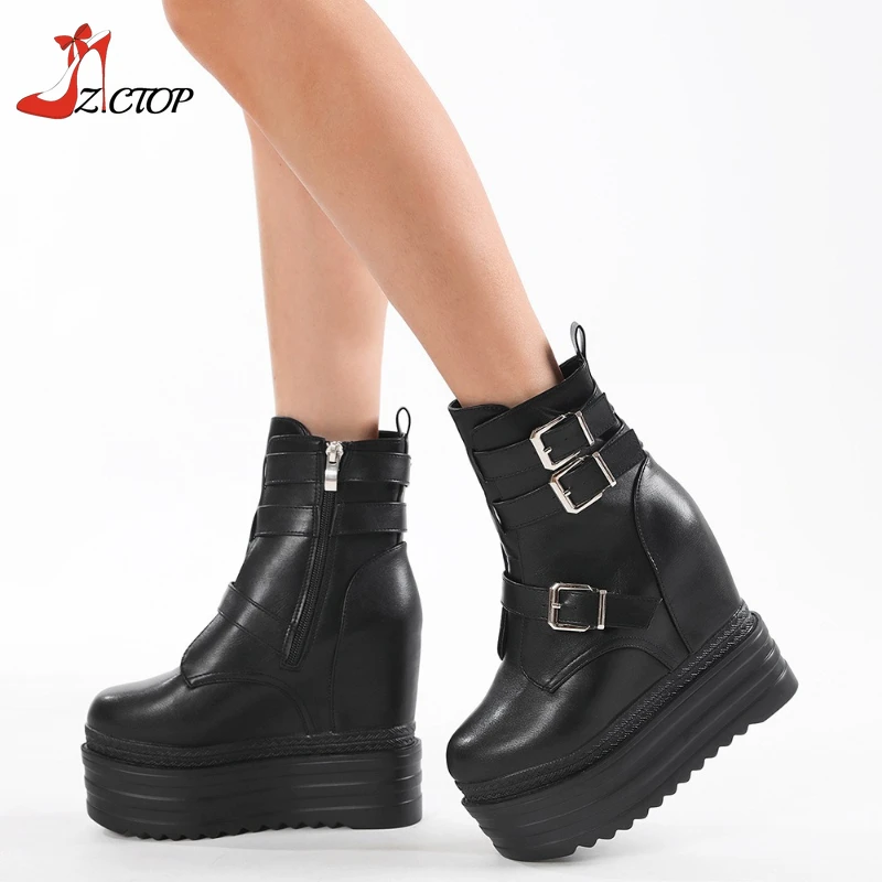 

New Wedges High Heels Short Boots for Women Platform Height Increasing Shoes Black White Buckle Ankle Boots Cosplay Woman Shoes