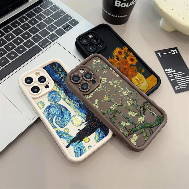 Van Gogh Starry Sky Oil Painting Case For iPhone 16 15 11 13 14 12 Pro Max Plus Mini 16Pro Phone Cover Sunflower Almond Blossoms