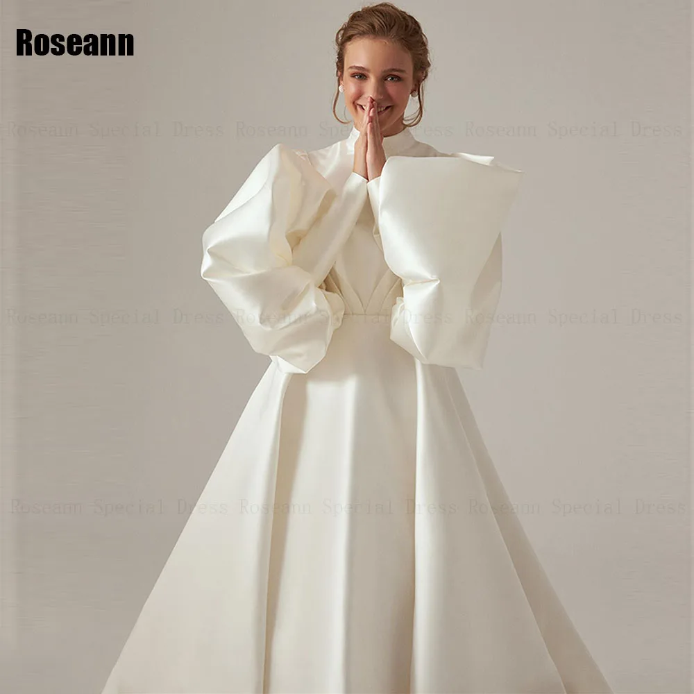 Muçulmano A-Line Vestidos De Noiva De Cetim, Draped Plissado Vestido De Noiva, Colarinho Alto, Dobra De Marfim, Puff Manga, Até O Chão, Robe