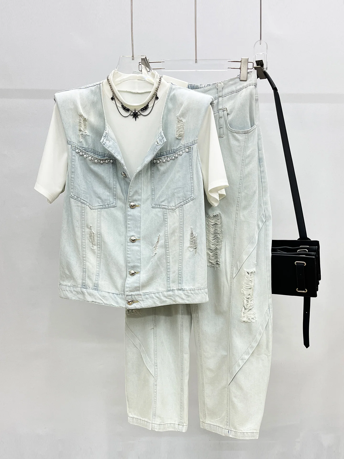 

Korean Street Sle Casual Loose Men's Denim Set Svel Vest Straight Leg Pants Faionable Summer Outfit for Youth