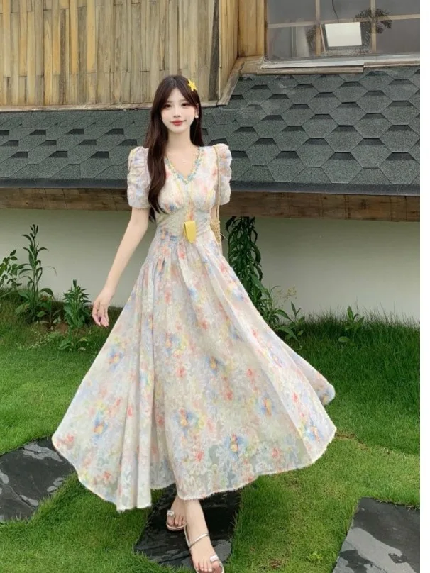 

plus Size Floral Print V-Neck A-Line Long Dress Women's Summer New Style Waist-Cinching Hiding Belly Dress Korean Style