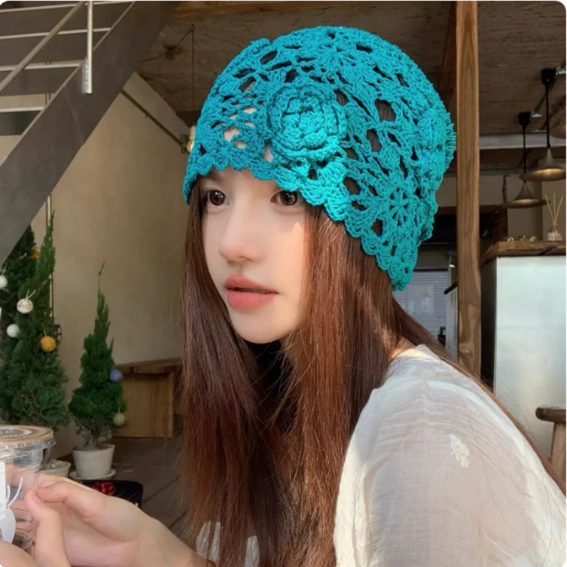 

Корейская вязаная крючком ажурная шапка-бини с цветами для женщин, весенне-осенняя, в литературном и национальном стиле, милая