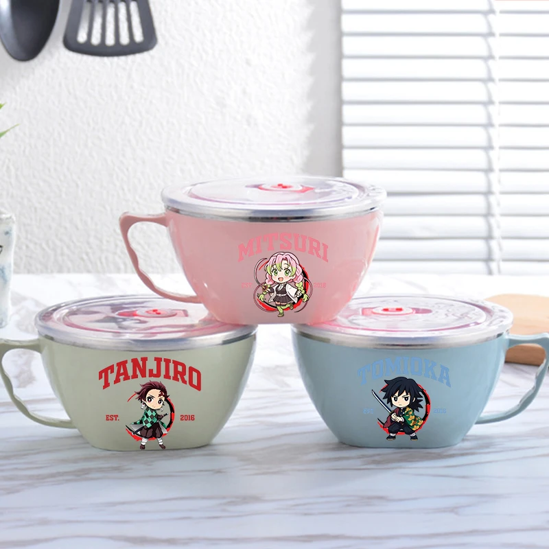 

Demon Slayer Noodle Bowl Anime Print Stainless Steel Bowl Double-layer Heat Protection Instant Food Storage Container Tableware