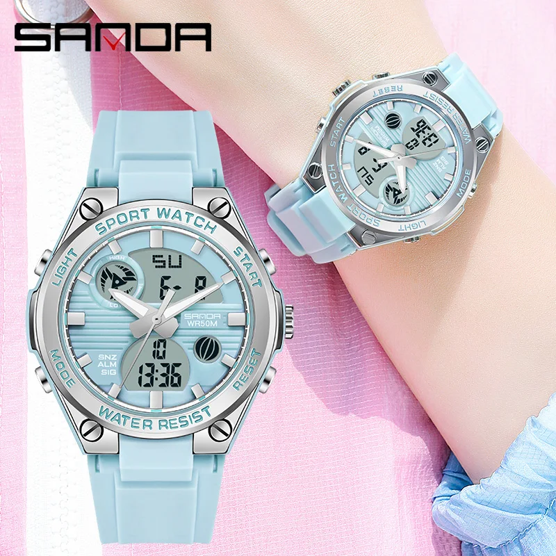 SANDA Digital Watch Women's Macaron Sport Chronograph Calendar Double Display Wristwatch 50m Waterproof LED Electronic Clock