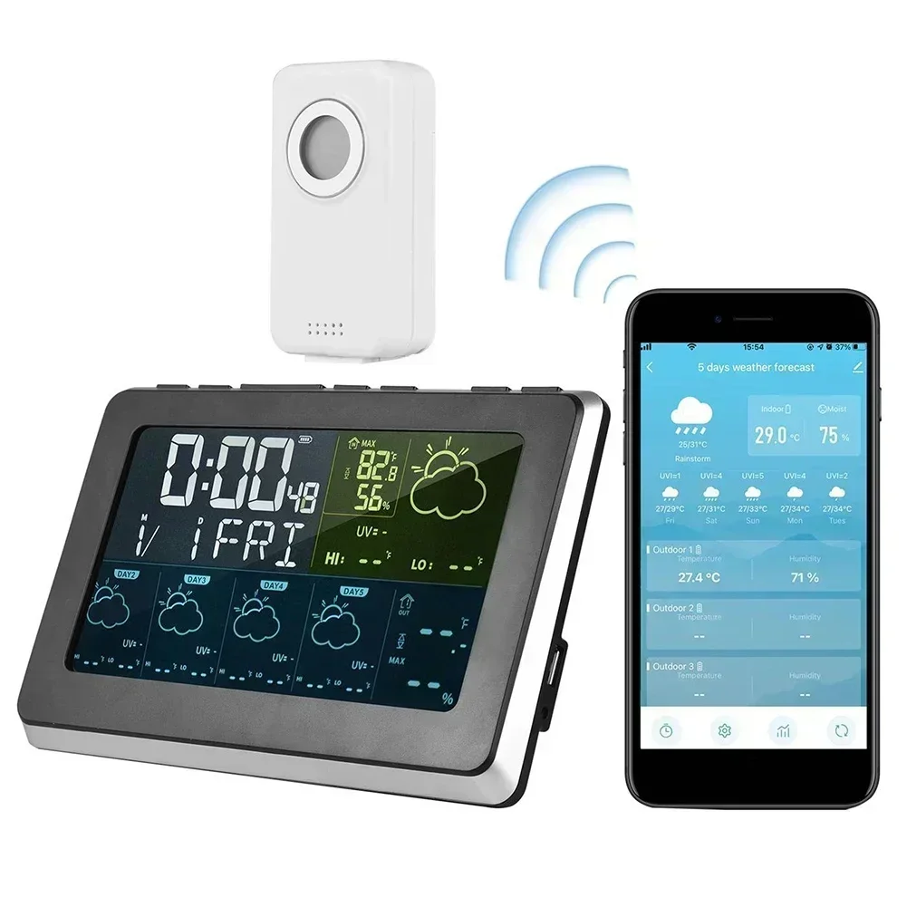 Tuya WIFI Weather Station Indoor Outdoor Temperature Humidity Meter Weather Forecast Alarm Clock 2024 New