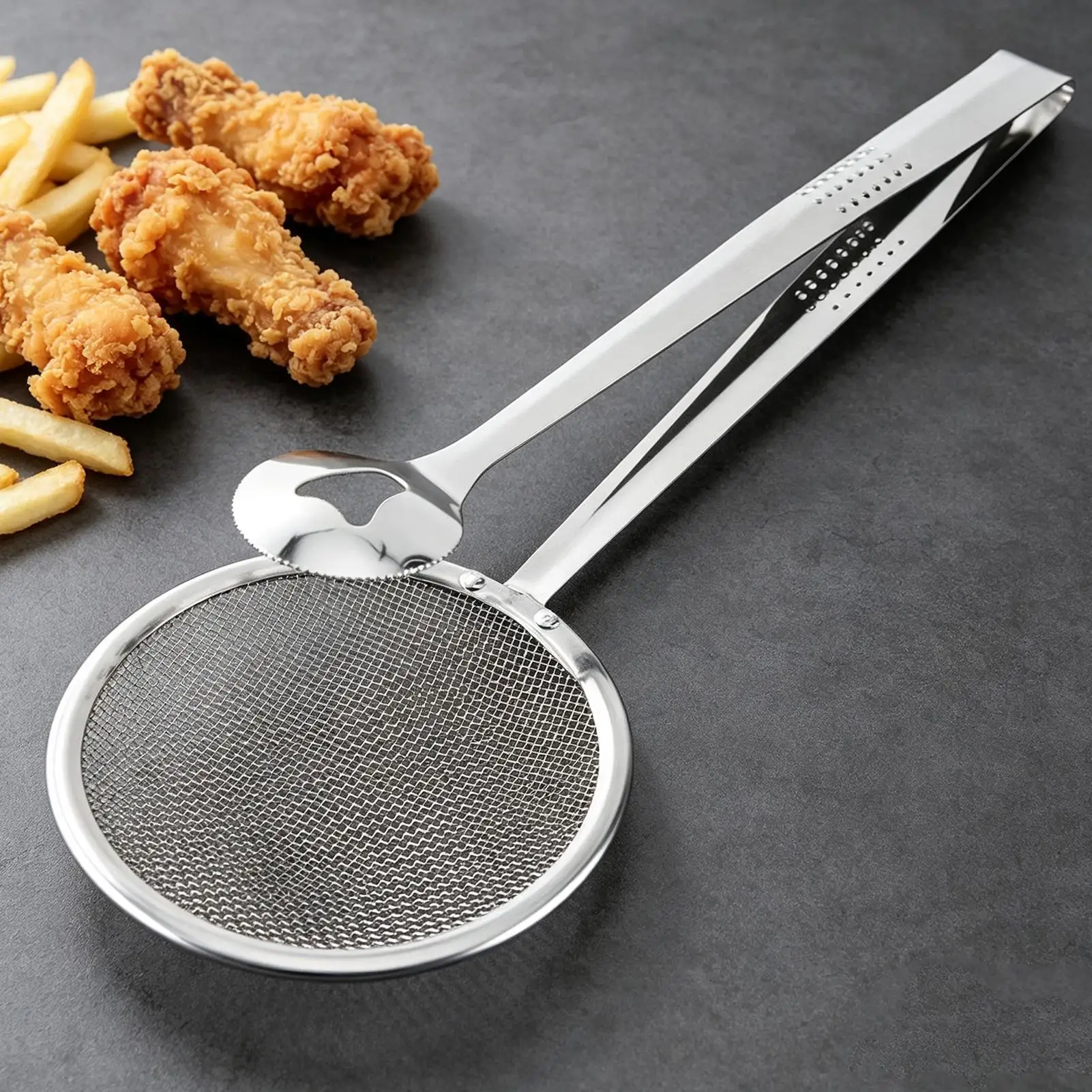 Stainless Steel Oil Filter Tongs With Fine Mesh Basket Multipurpose Kitchen Utensil Sturdy Easy To Clean Filter Spoon Clip