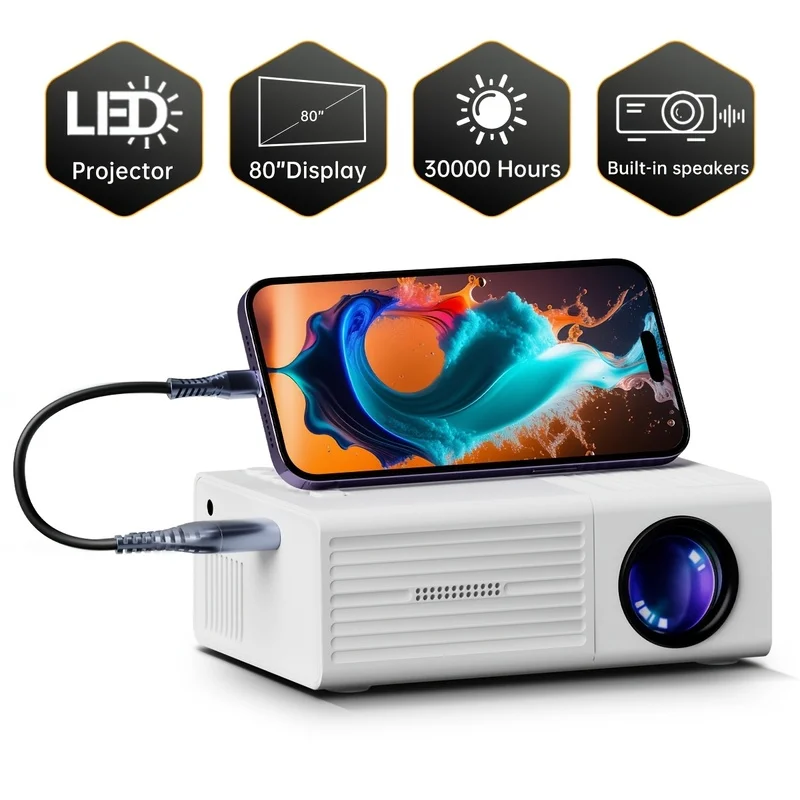 Portable Projector, Supports 1080P, USB Connection, Remote Control - Compatible With Smartphones, Tablets, Laptops, TV Sticks
