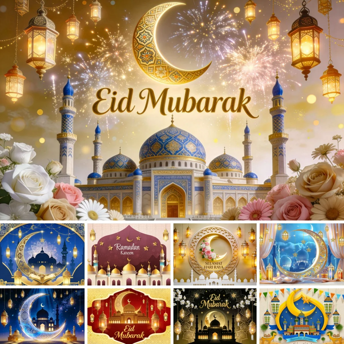 Eid Mubarak Background For Photography Golden Moon Stars Islamic Muslim Castle Ramadan Kareem Al Fitr Festival Photo Backdrops