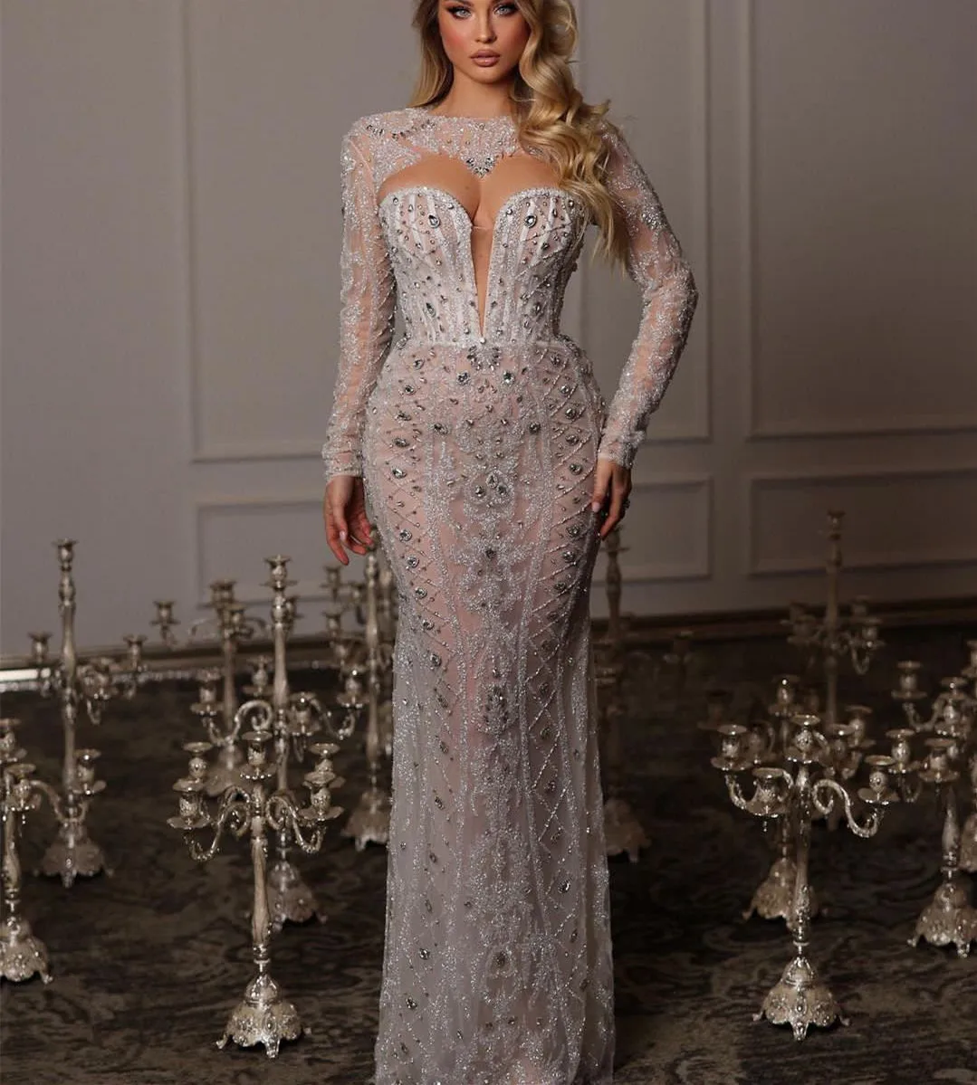 Luxury Mermaid Evening Dresses Long Sleeves V Neck Halter Sequins Beaded Appliques Hollow Lace Diamonds Prom Dresses Custom Made