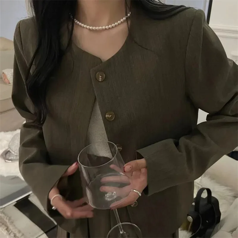 Women Fashion Dress Set 2024 Autumn Long Sleeve Round Neck Suit Jacket+pleated Half Midi Skirt Korean Fashion Two-piece Set