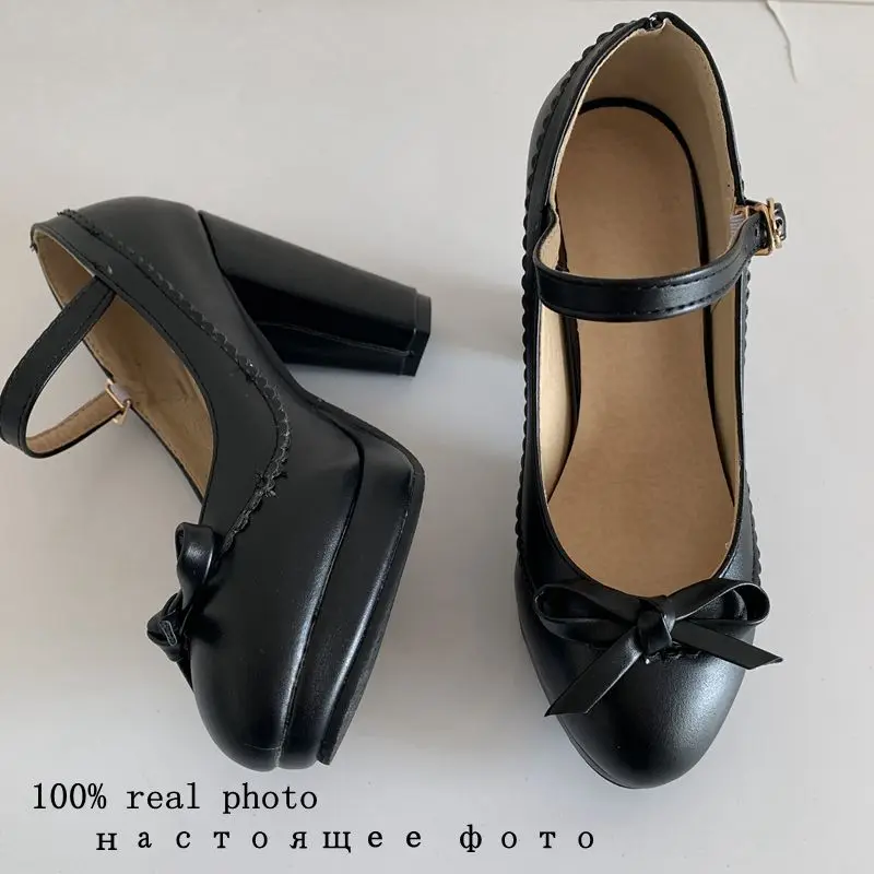 ASILETO Large size 45 46 Women Strap Pumps Bows Platform High Heels Round Toe Party Wedding Shoes Bridal Stilettos Black