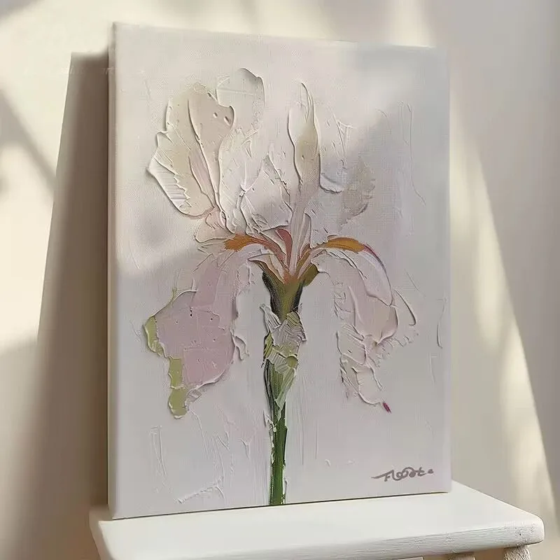 Handmade Oil Painting with Large Flower, Living Room Decoration, Creamy Style, Thick Texture, Hanging Painting, White Flower Art
