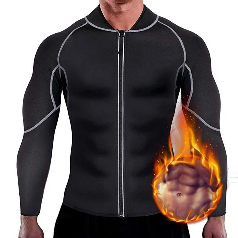 Casaco de neoprene para homens, terno de sauna manga comprida, cintura trainer, shaper do corpo, camisola com zíper, treino, weightloss, novo