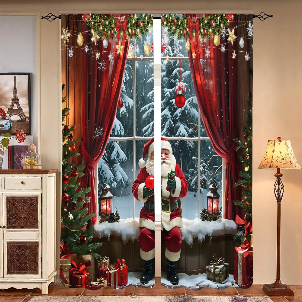 

2 pieces, Santa Claus Christmas tree retro curtains -30% blackout - suitable for living room, bedroom, kitchen, home decoration
