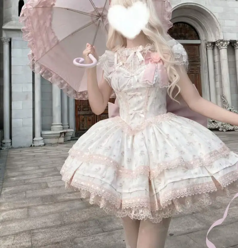 

New Summer Sweet Lolita Floral Lace Dress Set Girls Women's Fly Sleeve Mesh Blouse Lo Suspender Dress 2 Piece Outfits