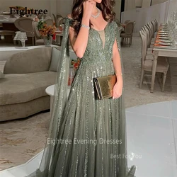 Eightree Luxury Beads A Line Evening Dresses Cape Sequin Draped Tulle Long Arabic Evening Party Gowns Robe De Soirée Customized