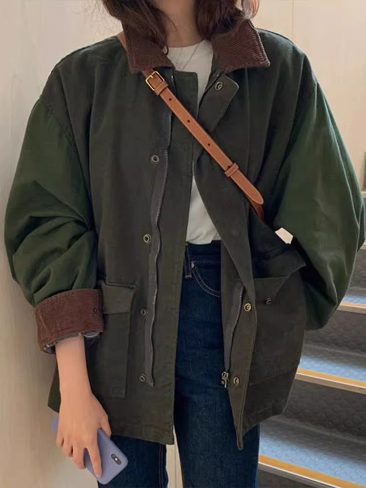 American Retro ein Collar Workwear Jaet Damen Herbst Winter Loose Top Mittellanger Mantel Lässige Faion Oberbekleidung