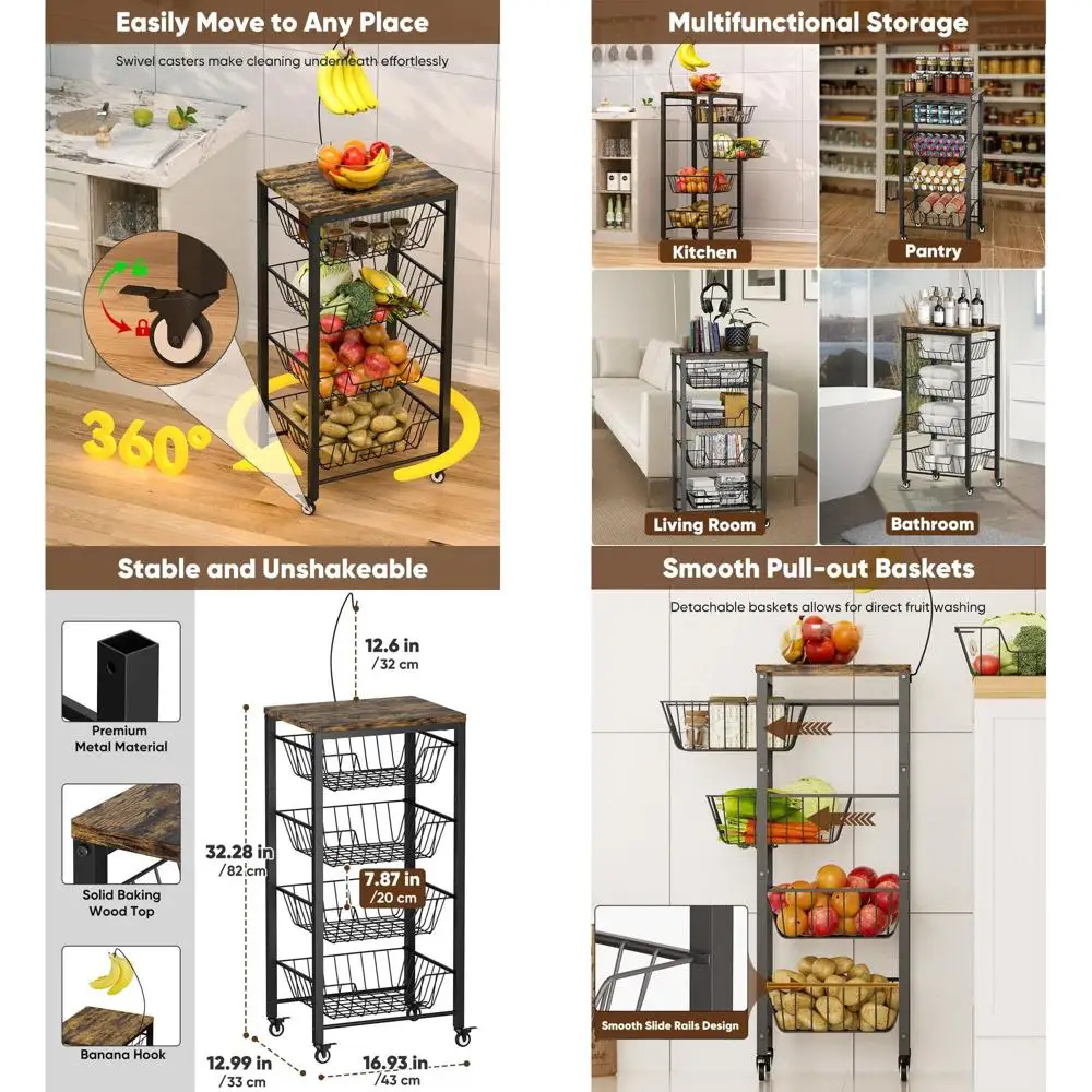

5-уровневая кухонная тележка на колесиках с выдвижными корзинами для фруктов, деревянной столешницей и держателем для бананов - черная