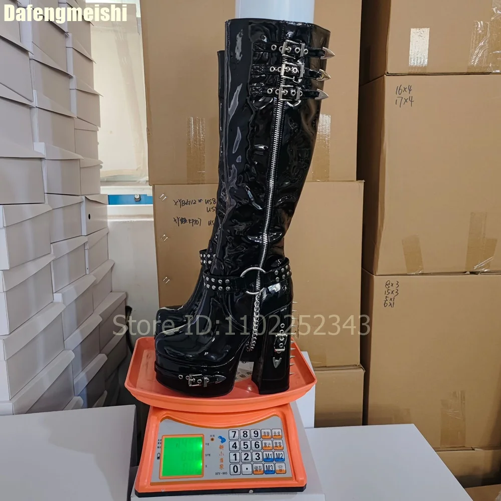 

2025 New Punk Style Chain Belt Buckle Knee-High Boots Black Patent Leather Y2K Gothic Square Heel Boots Round Toe Platform Shoes
