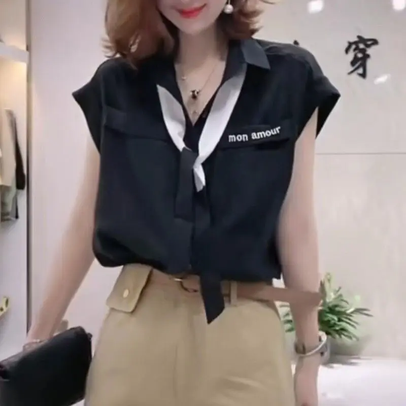 Office Lady Turn-down Collar Summer Shirt Stylish Pockets Patchwork Female Clothing Elegant Drawstring Solid Color Loose Blouse