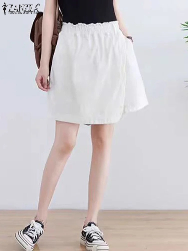 ZANZEA 2025 Damskie Letnie Szorty Spódniczki Elastyczna Talia Jednolite Szorty Codzienna Moda Wysoki Stan Kieszenie Vintage Oversize Szorty