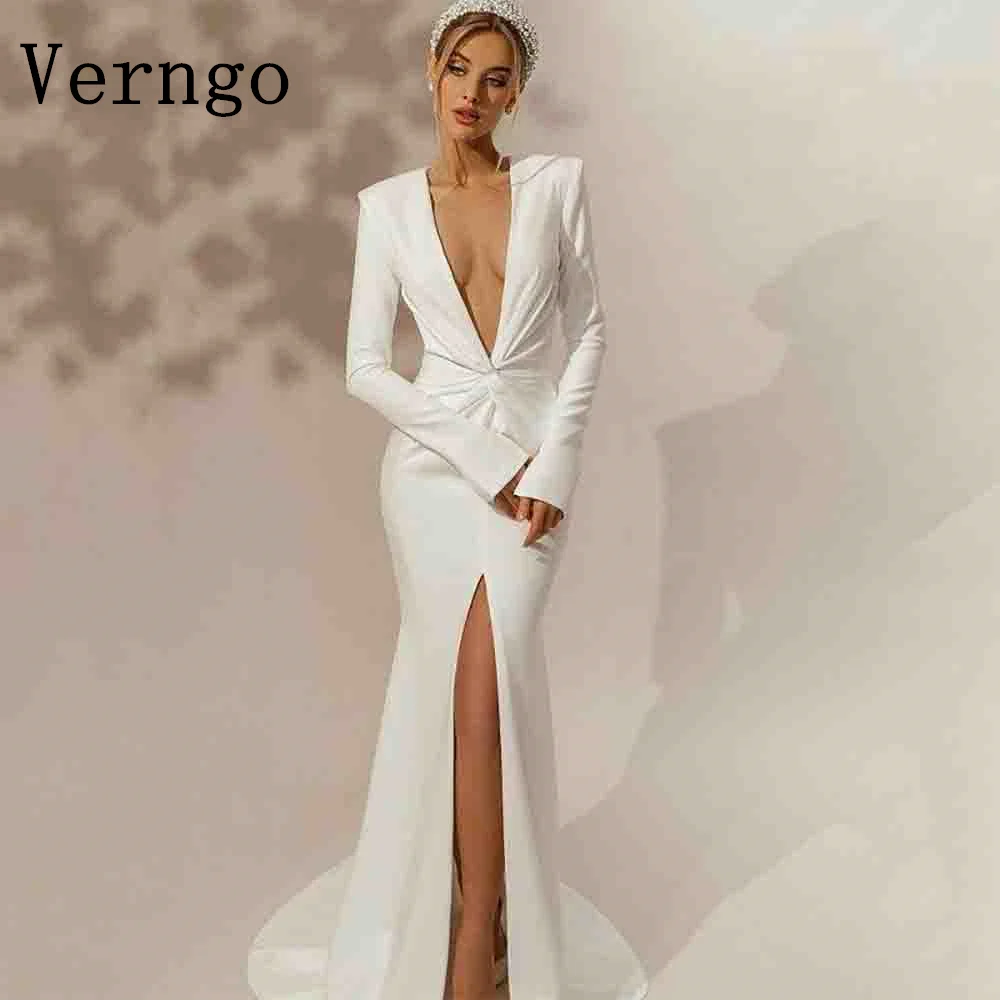 

Verngo Deep V Neck Wedding Prom Gown Full Sleeves Mermaid Bridal Gowns For Women Sweap Train Sexy Bride Dress