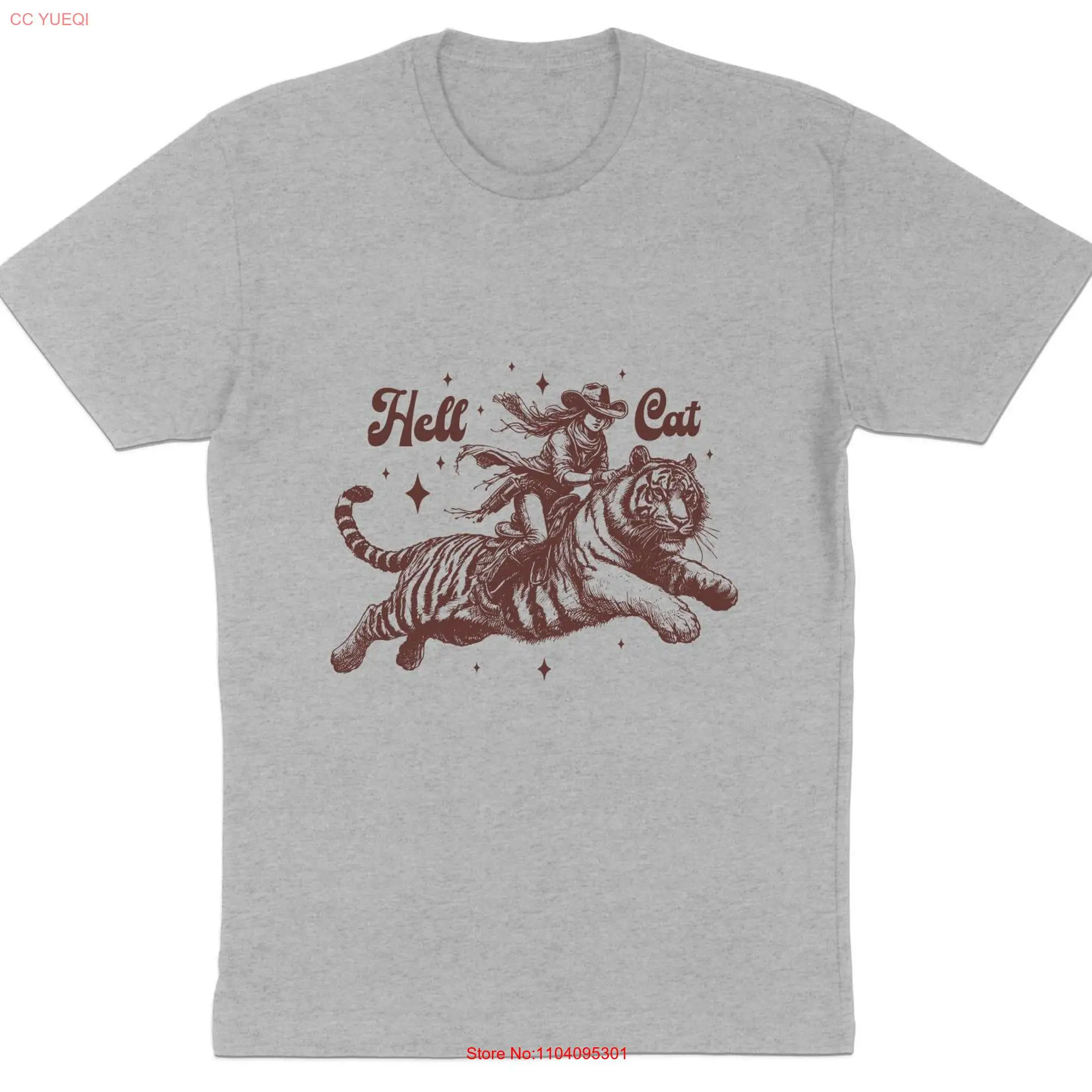 Hell Cat T Shirt Riding Tiger Western Style Wild West Themed Unique Animal Print Vintage Look long or short sleeves