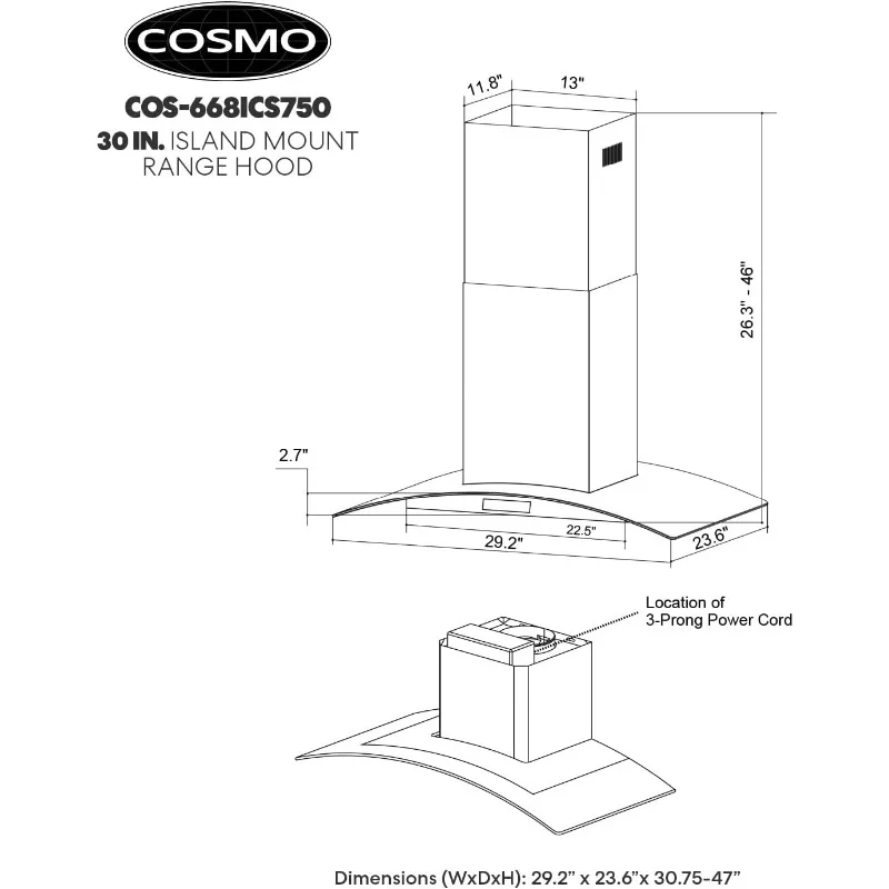 COSMO 668ICS750 30 дюймов Островная бленда с 380 куб фт/м, элементы управления мягким касанием, постоянные фильтры, фонари