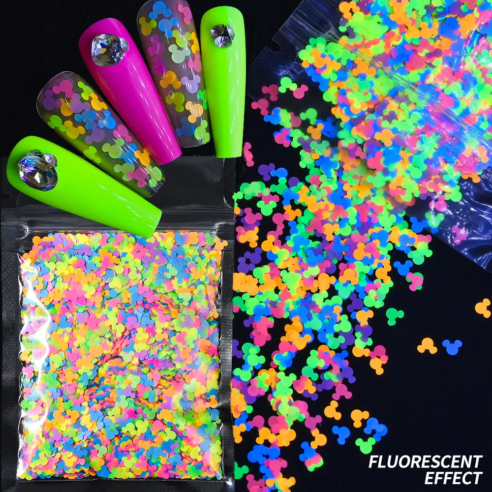 Kawaii Fluorescent Mickey Head Nail Sequins 3D Ultra-thin Mixed Star Juice Flakes Nail Accessories Neon Mouse Head Nail Art Deco