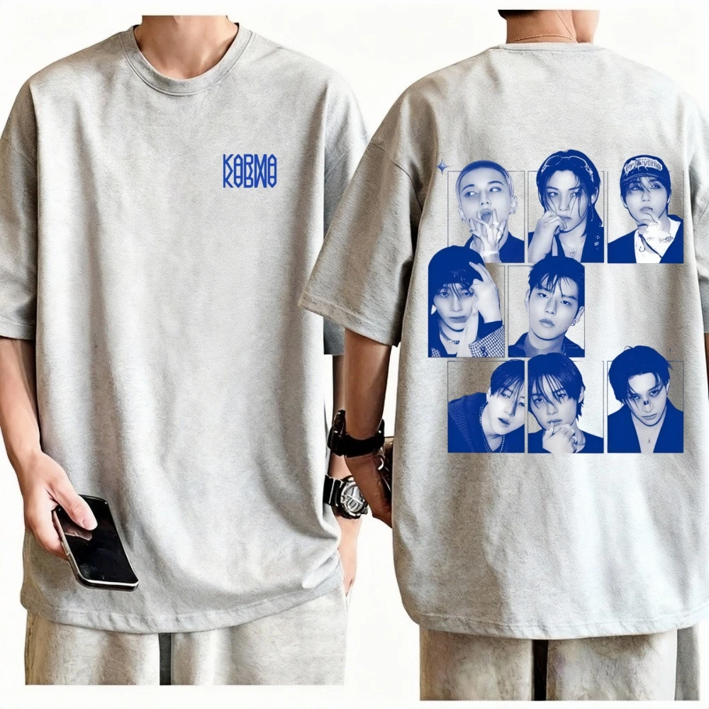 Unisex Stray Kids Karma Double Sided Fashion Blue Tone T-Shirt 100% Cotton Crew Neck Short Sleeve K-Pop Casual Graphic Tee