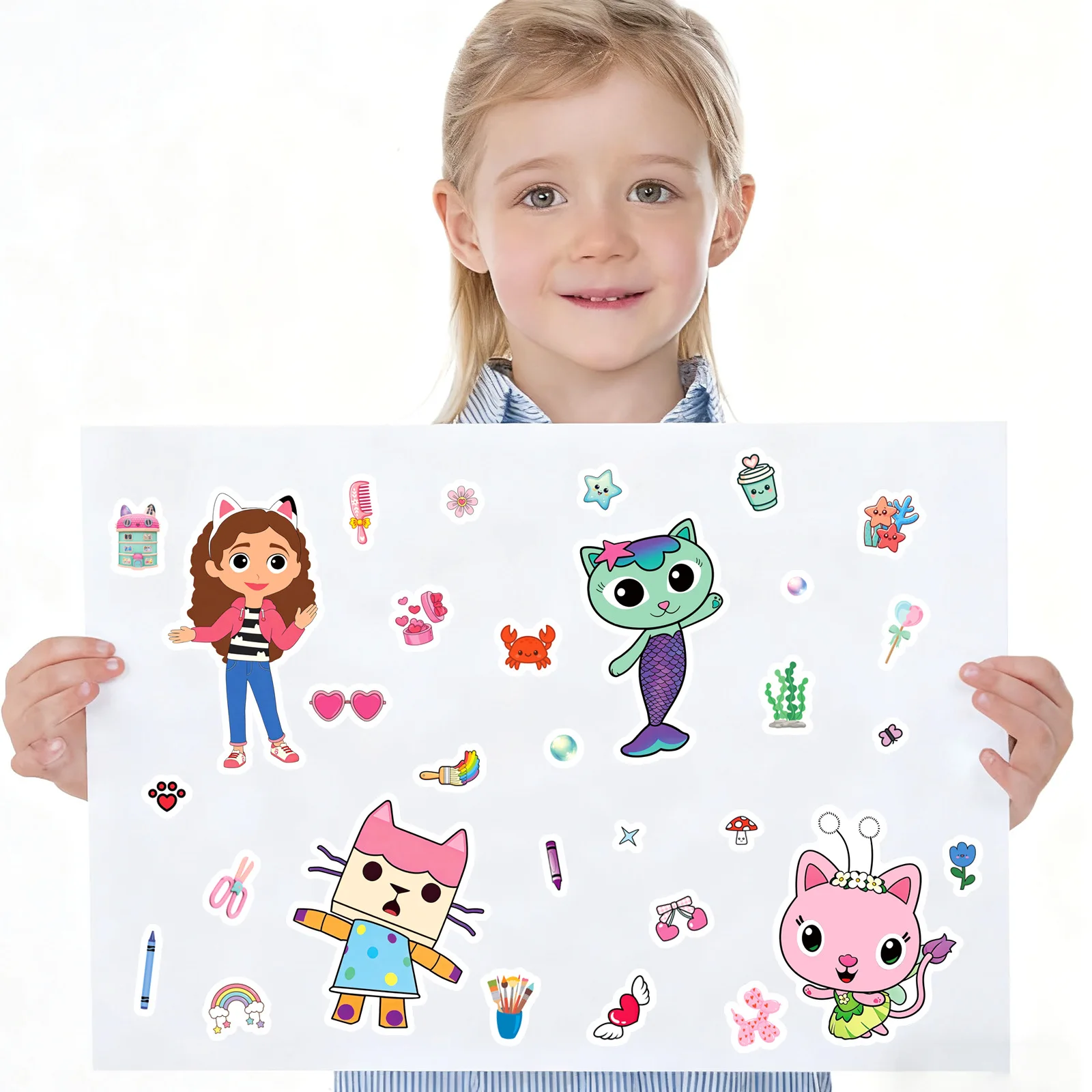 8/16 Fogli di Adesivi Puzzle 'Crea la Tua Faccia' di Gabby's Dollhouse, Gioco Fai-da-Te per Bambini, Giocattoli Educativi con Cartoni Animati, Regalo