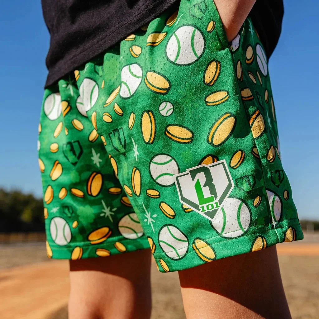 

2026 St. Patrick's Day Baseball & Gold Coin All Over Print Mesh Casual Shorts for Kids & Adults