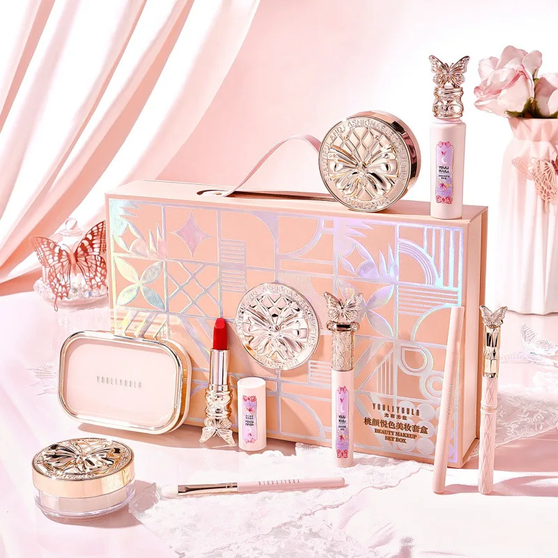 ピーチ Yanyue バタフライ メイクアップ セット コンシーラー エア クッション ルース パウダー メイクアップ コンビネーション ビューティー セット フェスティバル