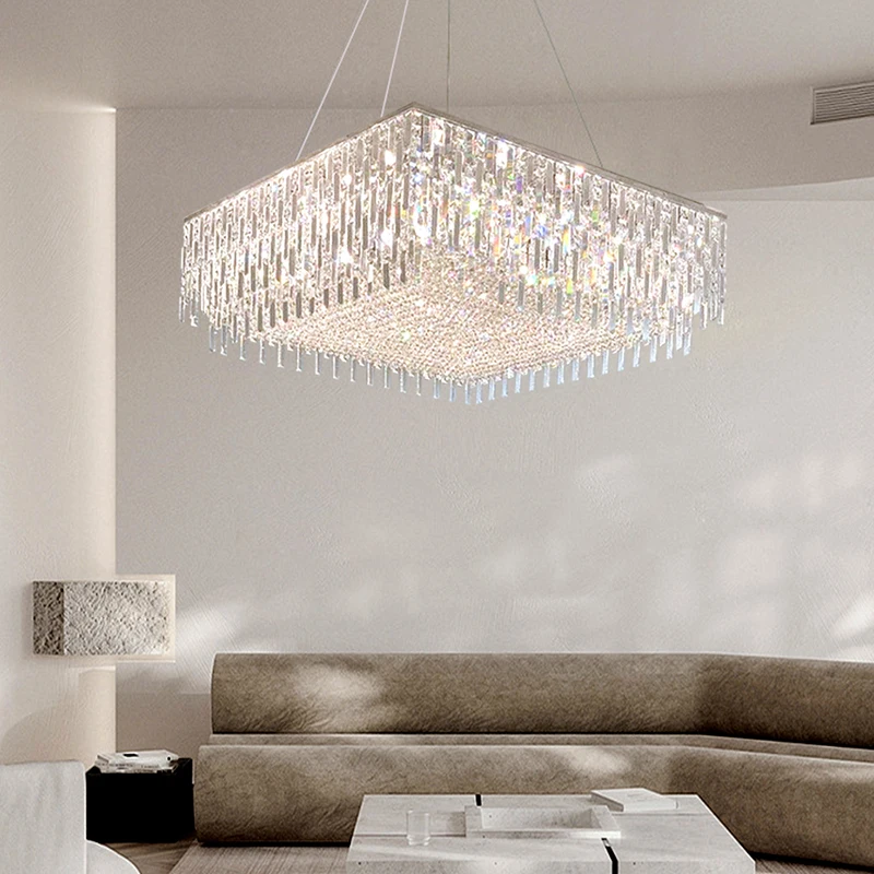 

Luxury Crystal Square Pendant Lights Modern Lustre LED Chrome Hanging Lamps for Ceiling Silver Home Decor for Living Room Remote