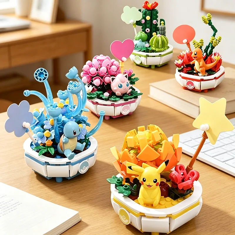 Modelo de Pikachu, Charmander y Squirtle, Nuevo Juguete de Bloques de Construcción de Pokémon, Decoración para el Hogar, Planta en Maceta, Ladrillo de Flores, Juguete de Bricolaje, Regalo para Niñas