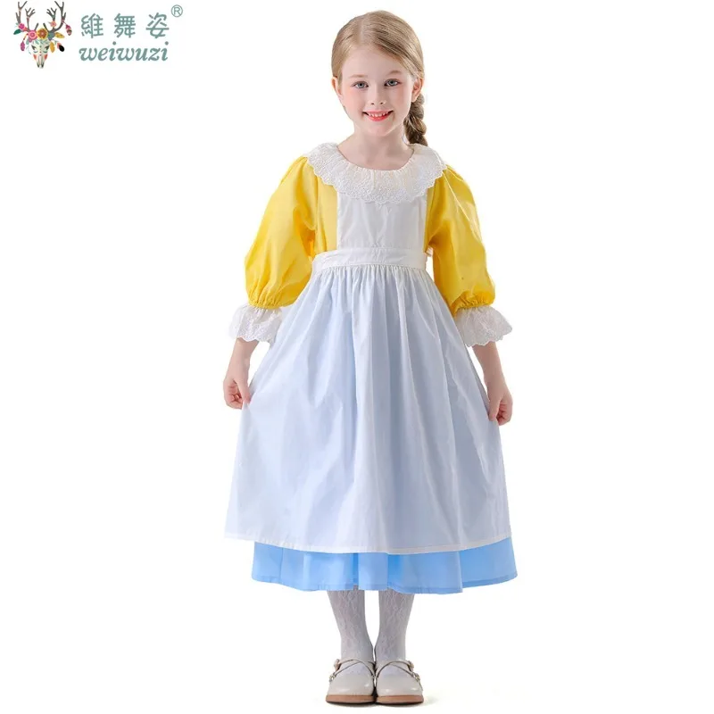 

New Halloween Carnival Party Children Girl Yellow And Blue Maid Cute Dress Rural style Stage Perfermance Costume Fancy Dress Up