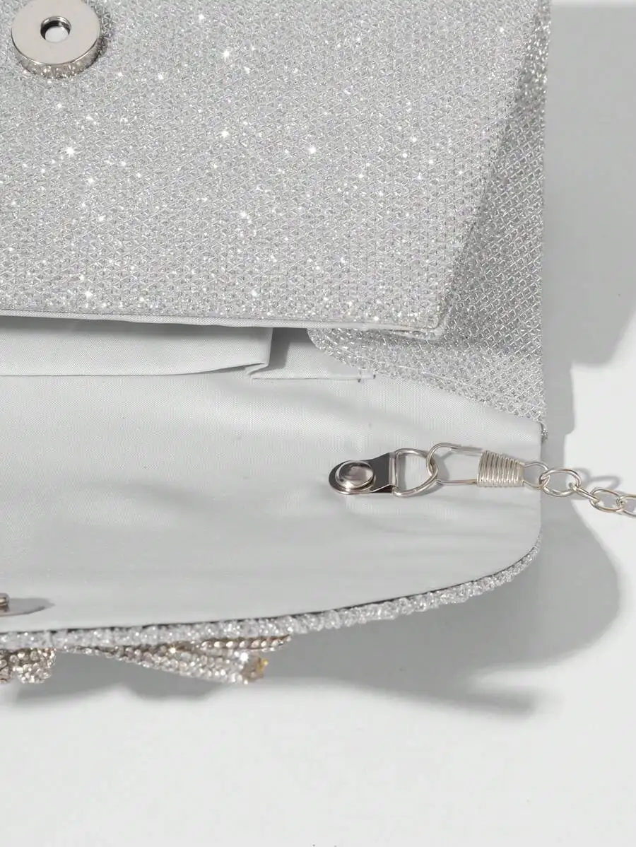 

Silver Mini Sequin Rhinestone Bow Evening Clutch Bag With Chain Strap For Women Party Wedding Prom
