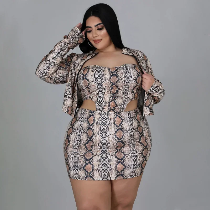 KEXU Leopard Print Women Plus Size Set Full Sleeve Zipper Coat Cut Out Strapless Mini Dress Two 2 Piece Sets Fashion Outfit