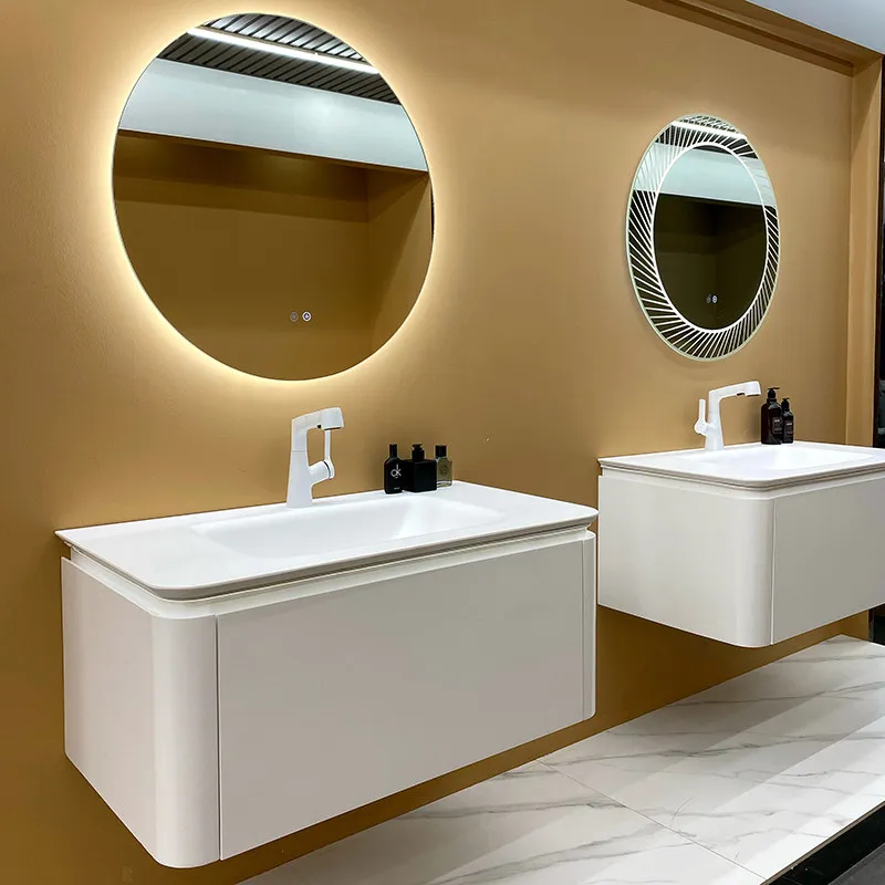 Integrated Basin Bathroom Cabinet Combination Oak Cream Bathroom Skin Feeling Face Wash Wash Basin Cabinet Ceramic Washbasin
