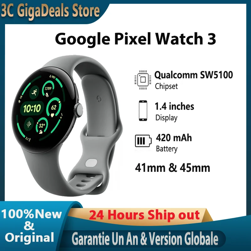 ساعة Google Pixel Watch 3 (41 و45 ملم)، إصدار Wi-Fi/LTE، Qualcomm SW5100، Wear OS 5.0، 2 جيجابايت من ذاكرة الوصول العشوائي، 32 جيجابايت من ذاكرة فلاش eMMC.